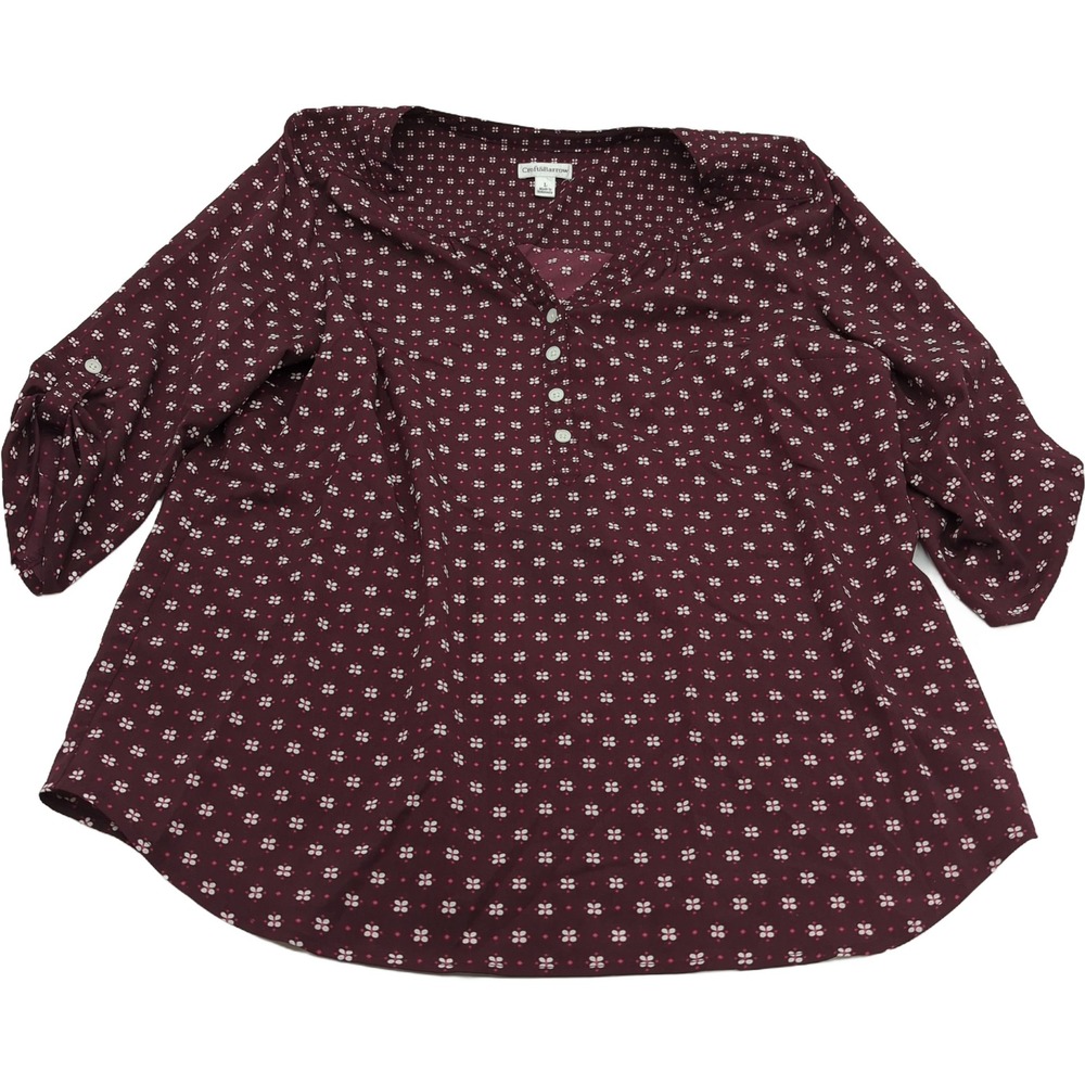 Croft & Barrow Womens Burgundy Floral Roll Tab Sleeve Henley Blouse Large